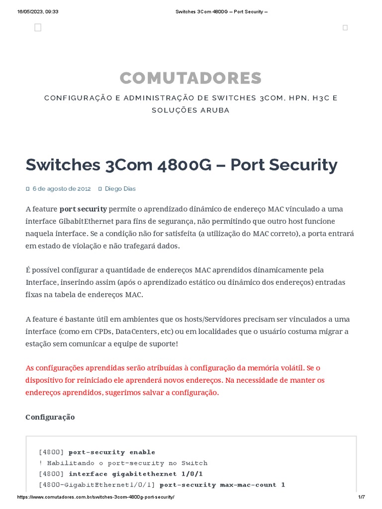 Segurança de Portas no Switch 3Com 4800G | PDF | Comutador de rede ...