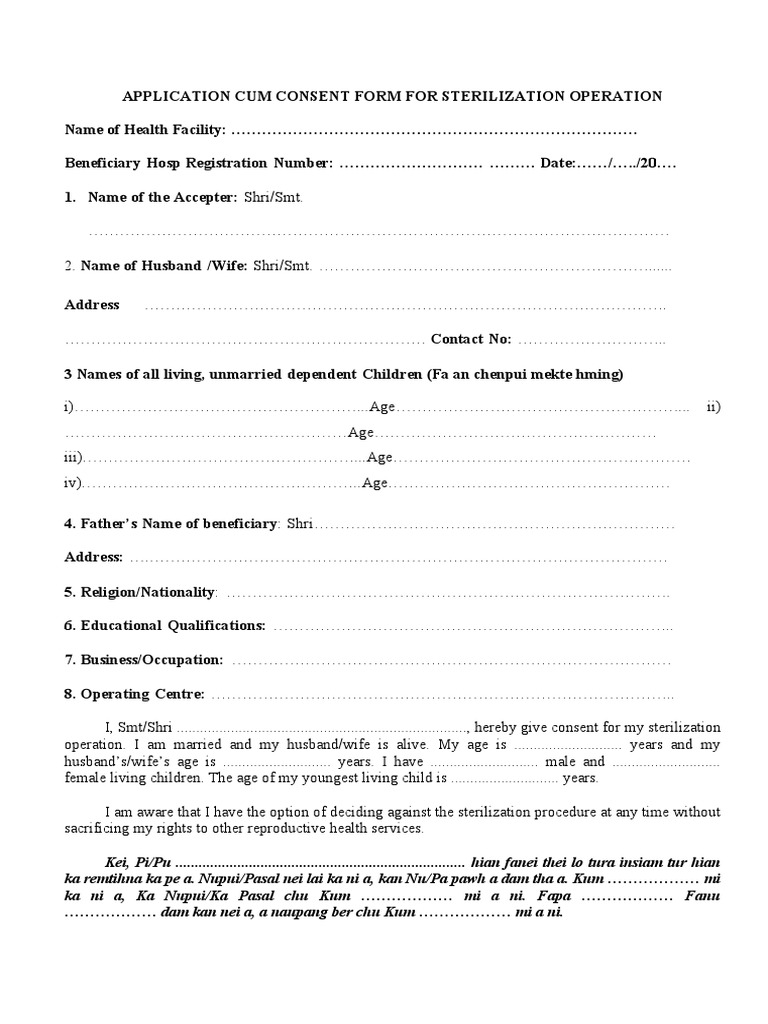 Informed Consent Form For Sterilization Operation | PDF | Medical ...