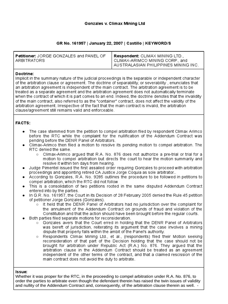 Gonzales v. Climax Mining LTD Castillo PDF Arbitration Annulment