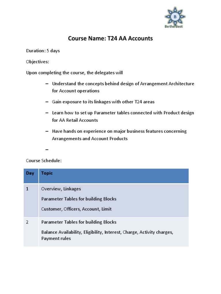T24 AA Accounts Course Overview | PDF | Interest | Financial Services