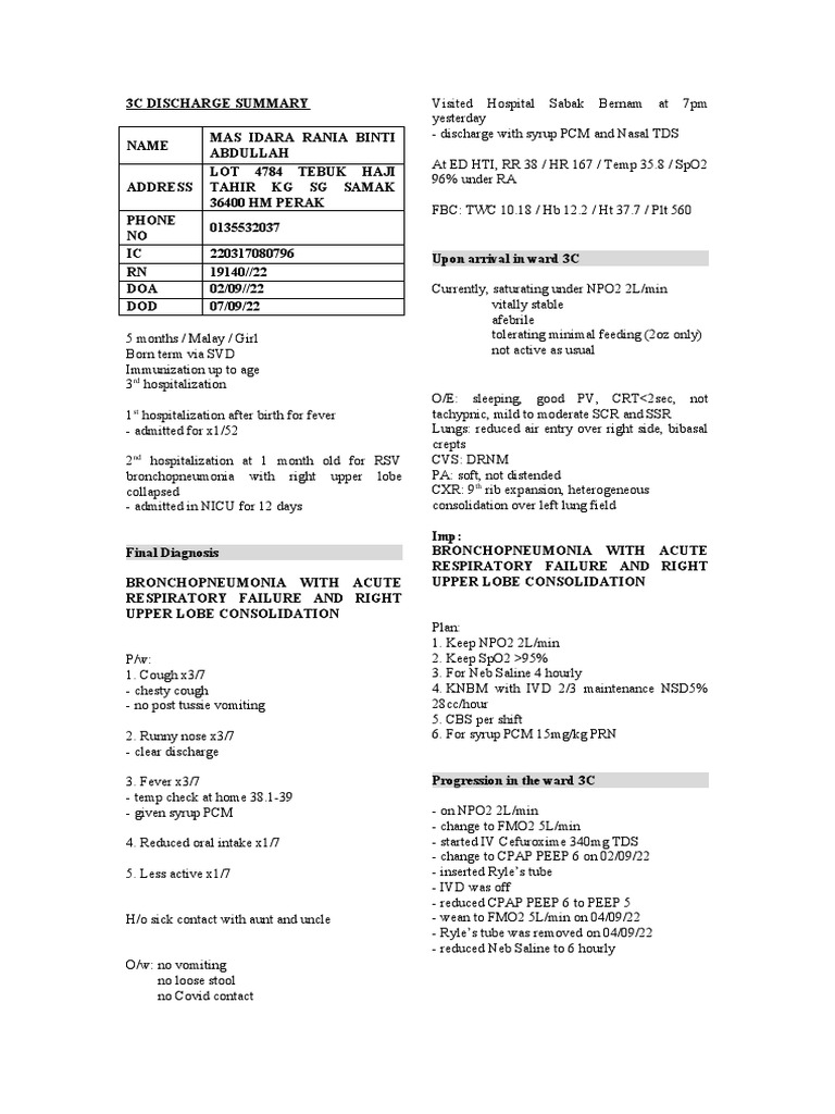 Pediatric Bronchopneumonia Discharge Summary | PDF | Pneumonia ...