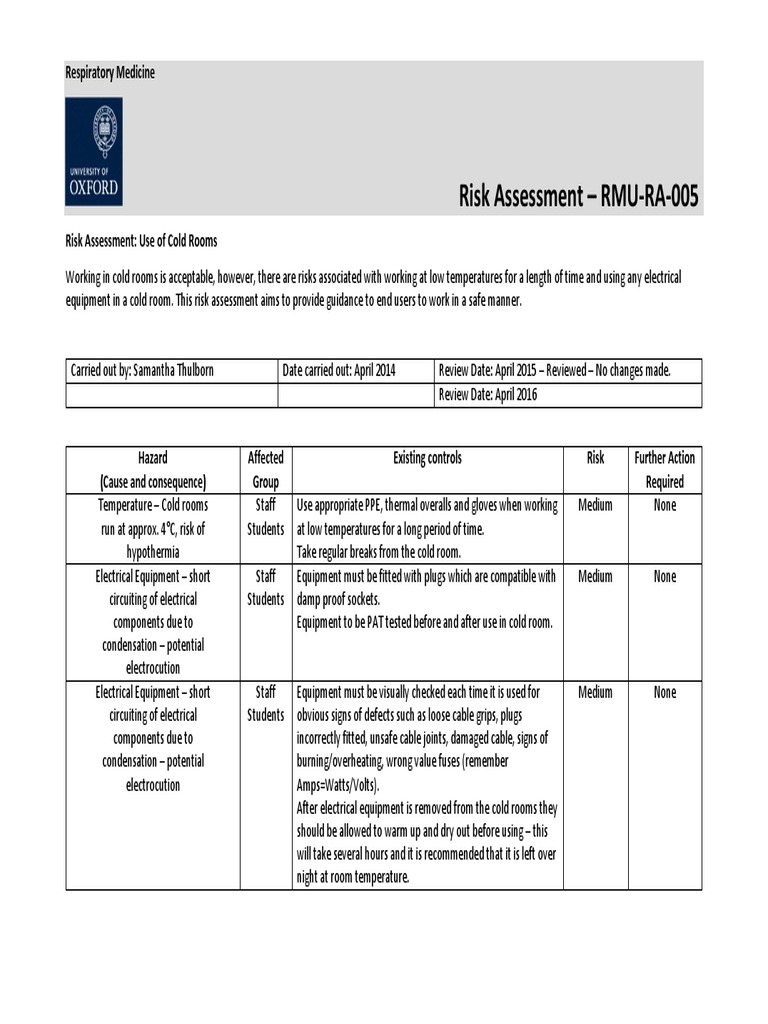 Cold Room Risk Assessment Guidelines | PDF | Hypothermia | Refrigeration