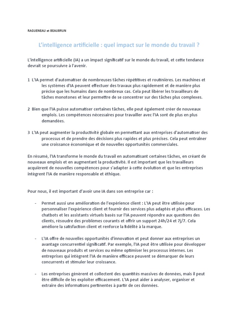Impact de l'IA sur le travail moderne | PDF | Intelligence artificielle ...