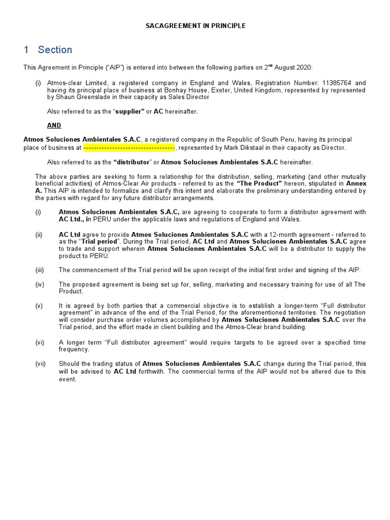 Agreement in Principle - Asa Sac Peru 082020 | PDF | Sales | List Price
