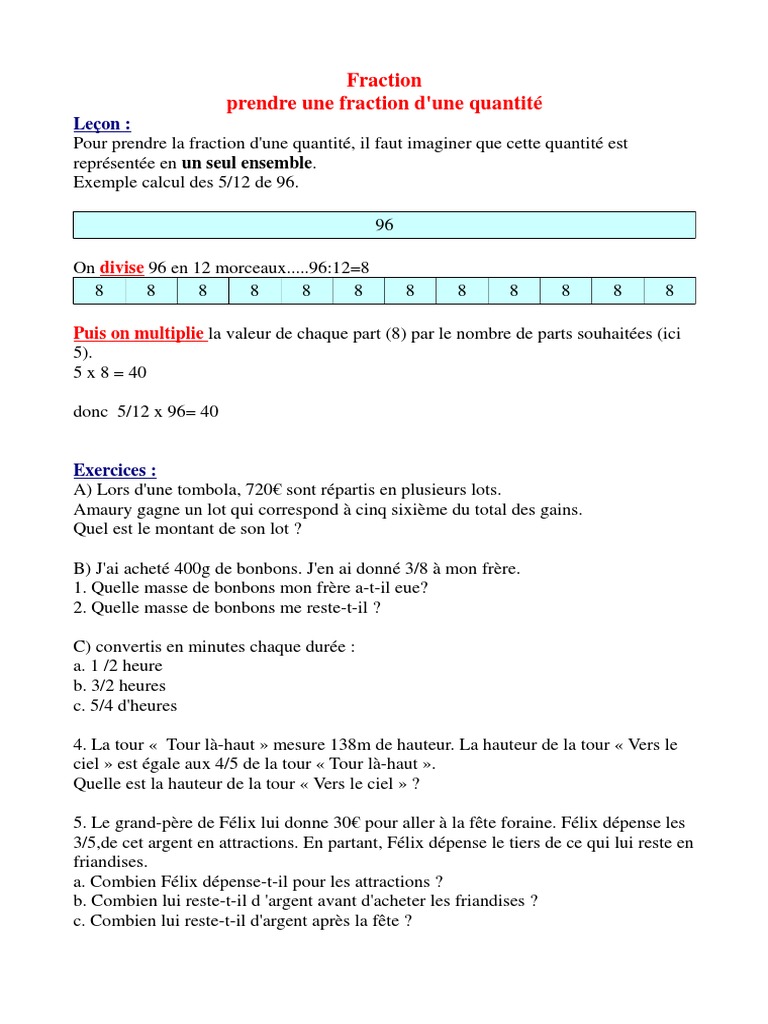 Prendre Une Fraction d Une Quantite Lecon Et Exercices | PDF