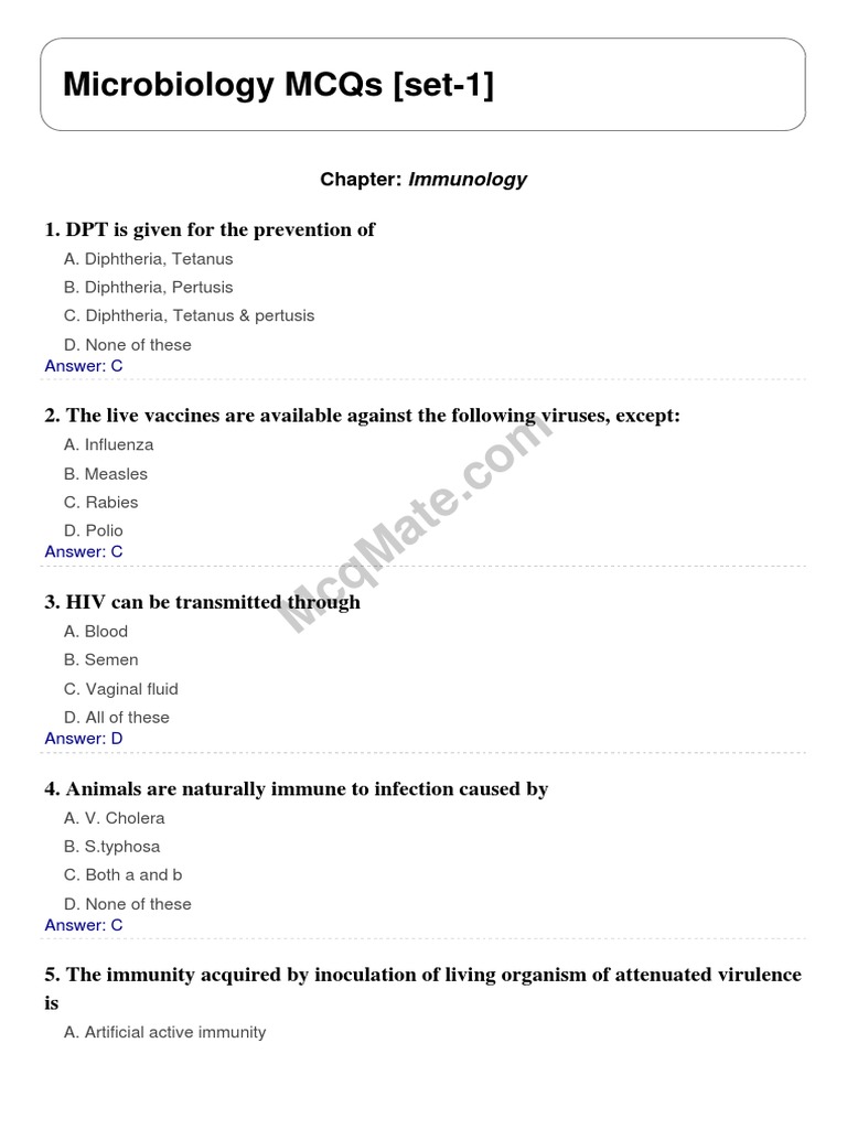 Microbiology Chapter Immunology Solved Mcqs Set 1 Pdf