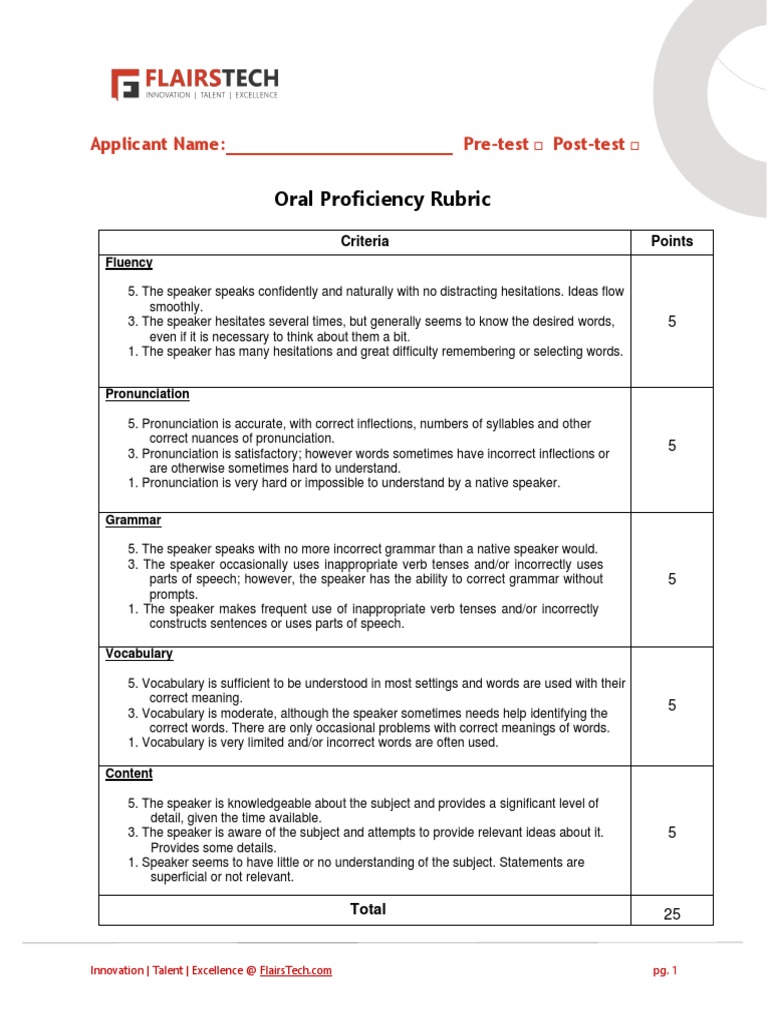 Oral Proficiency Rubric | PDF | Vocabulary | Word