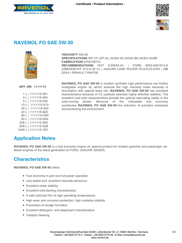 Ravenol Fo Sae 5w-30 | PDF | Motor Oil | Materials