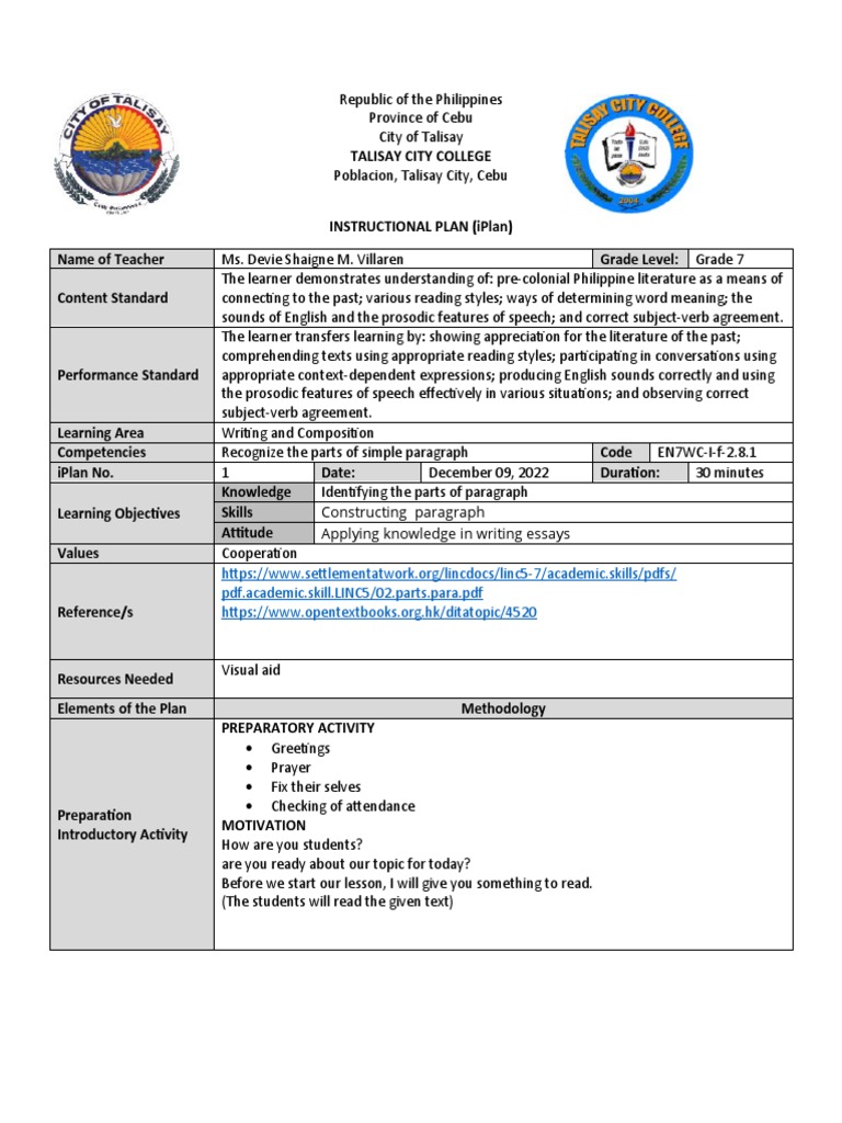 Semi Detailed Lesson Plan | PDF | Paragraph | Learning