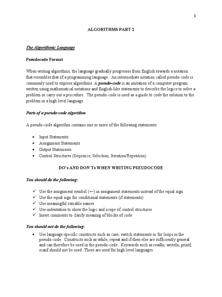 Pseudocode Algorithm Handout 2 | PDF | Input/Output | Control Flow