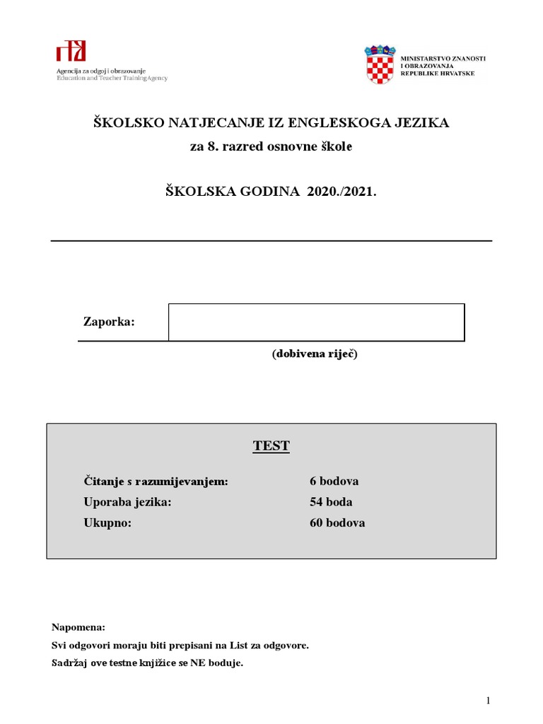 Ĉkolsko Natjecanje Iz Engleskog Jezika Oĉ 2021. TEST PDF