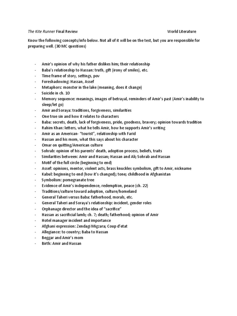 The Kite Runner Final Test Review - World Literature | PDF | Poetry ...