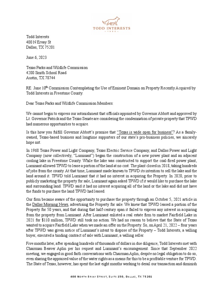 Todd Interests Statement On Fairfield Lake | PDF | Eminent Domain | Texas