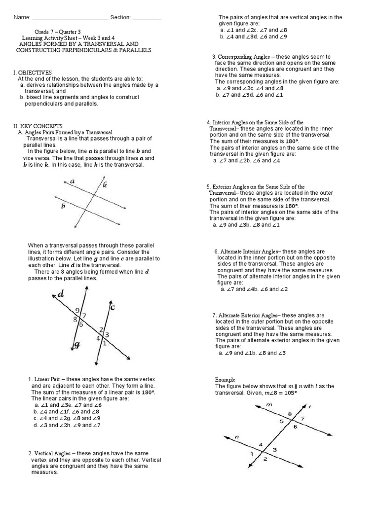 Transversal Angles for Grade 7 Geometry | PDF | Teaching Methods ...