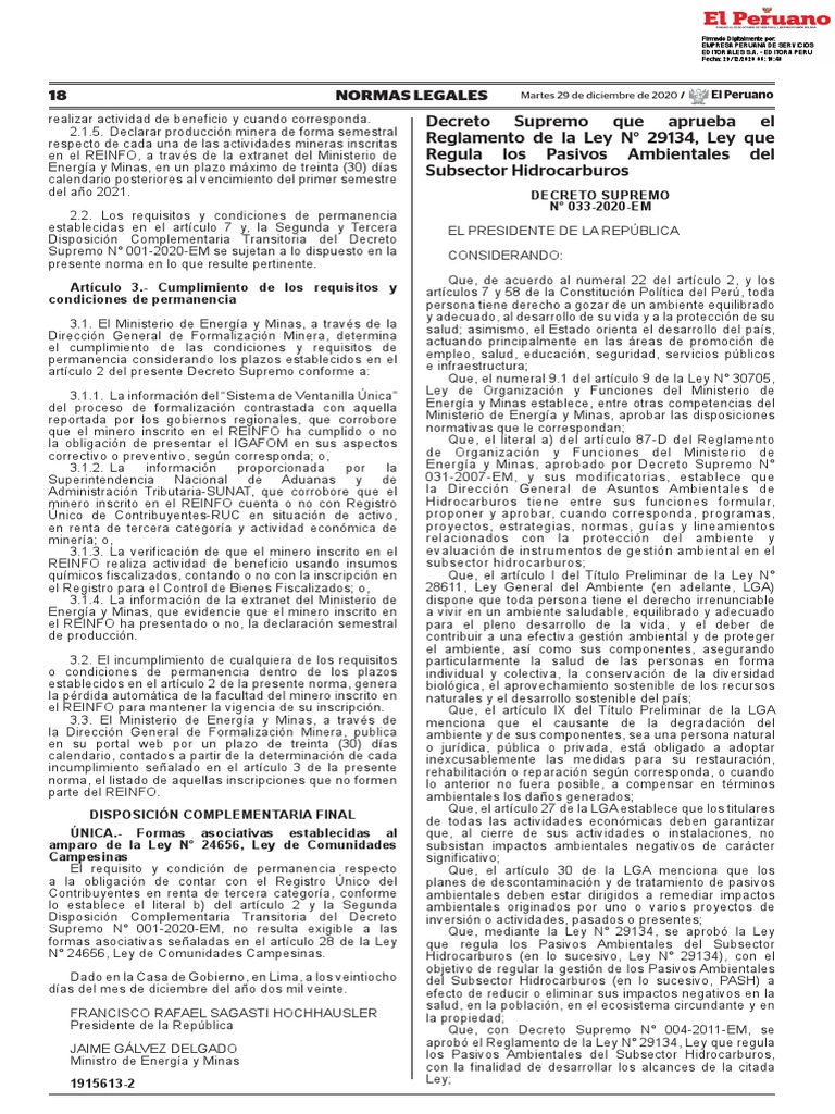 Decreto Supremo Que Aprueba El Reglamento de La Ley N 29134 Decreto ...
