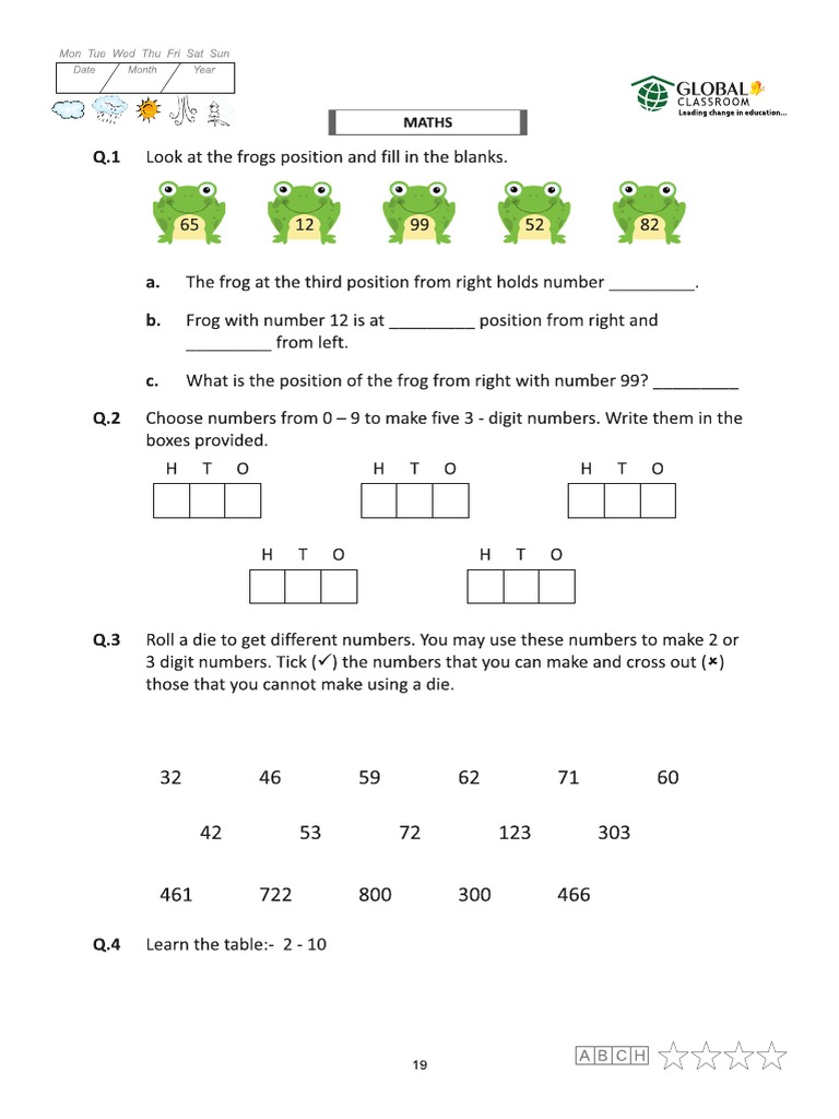 Class 2 Summer Holiday Homework Math Pdf