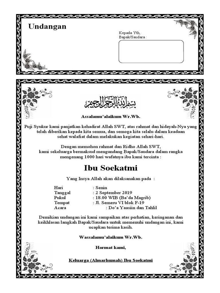 Contoh Surat Undangan Tahlil 40 100 1000 Hari Haul | PDF