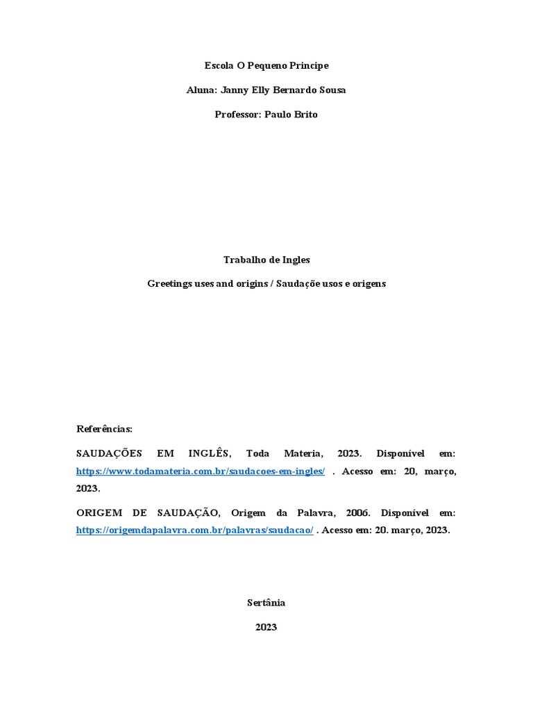 Trabalho de Ingles Greetings Uses and Origins | PDF | Linguística ...