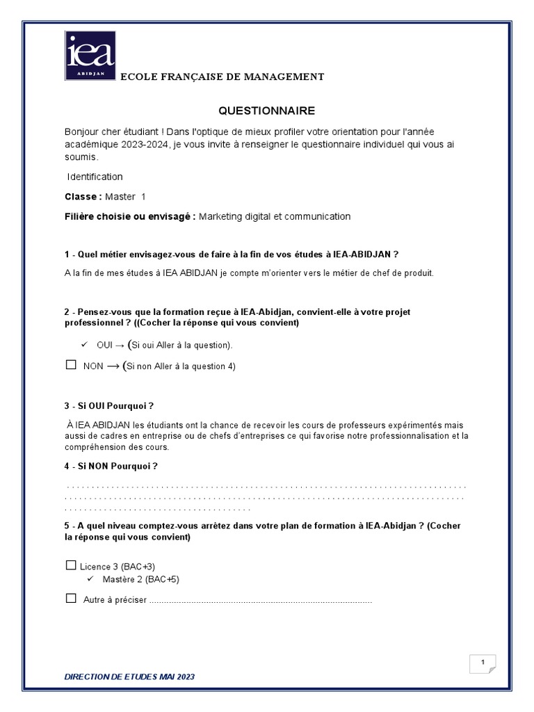 Questionnaire sur l'orientation à IEA Abidjan | PDF | Master (diplôme ...