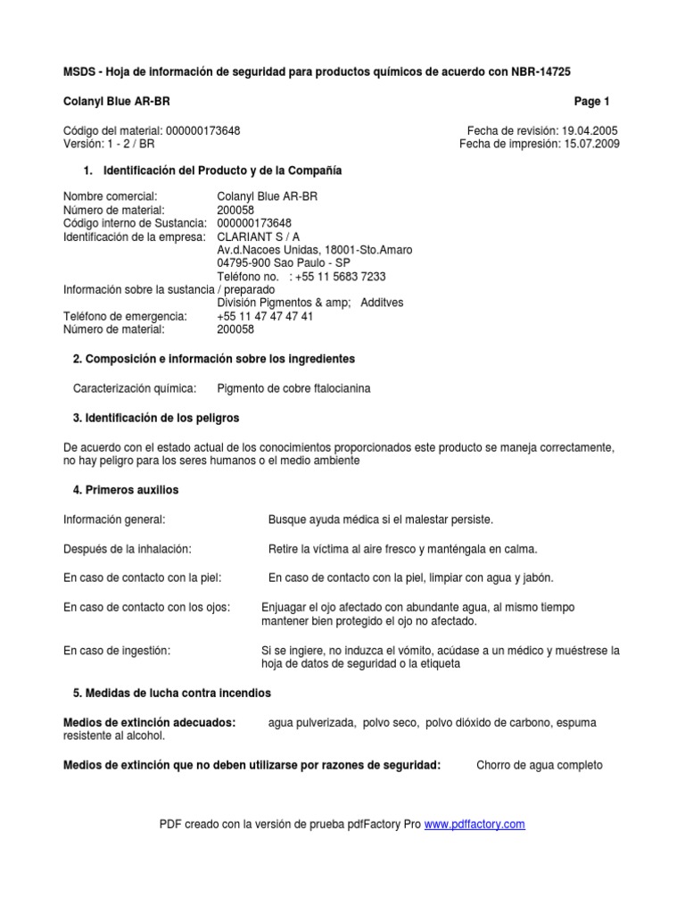 MSDS Colanyl Blue AR-BR Clariant | PDF | Agua | Residuos