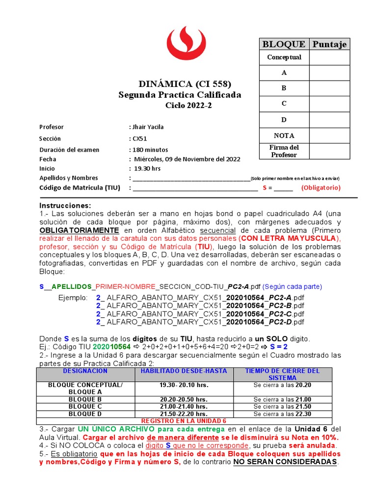 PARTE - I PC2 Dinamica UPC 2022 2 | PDF | Física | Física Aplicada e ...