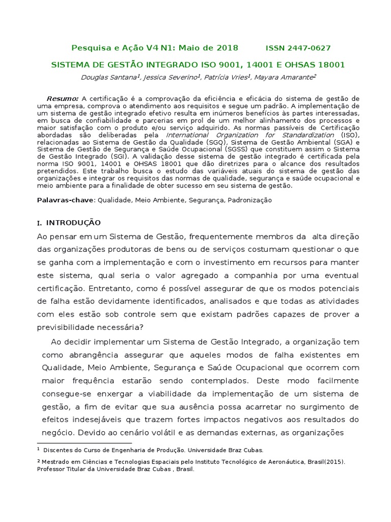 Sistema de Gestão Integrado Iso 9001 14001 e Ohsas 18001 | PDF | ISO ...
