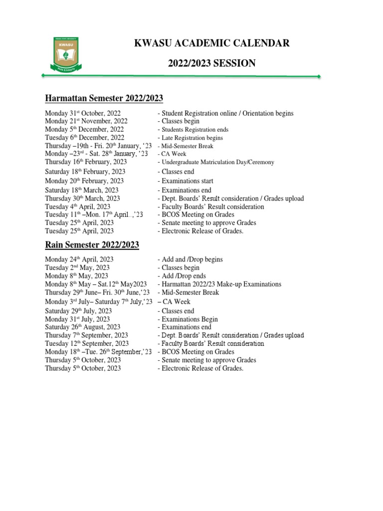KWASU Academic Calendar 20222023 PDF