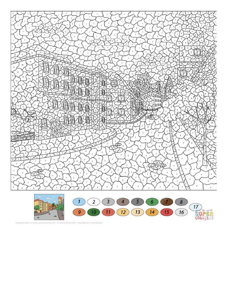 Old Town Street Color by Number Free Printable Coloring Pages PDF