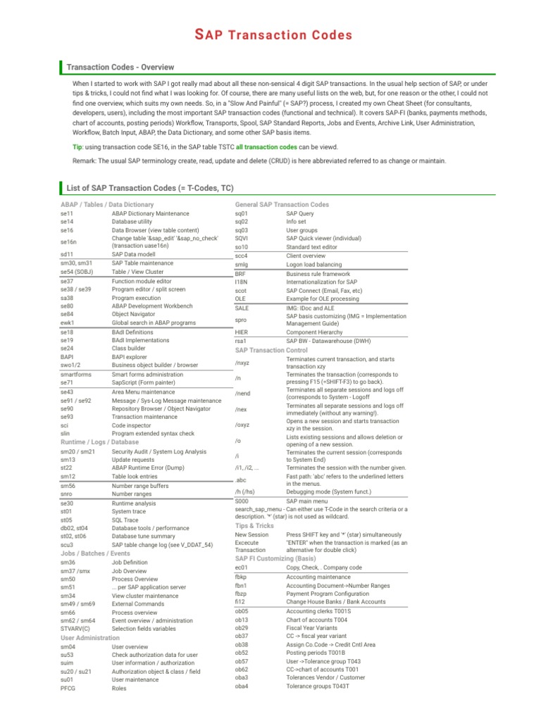 SAP Transaction Codes - Overview | PDF