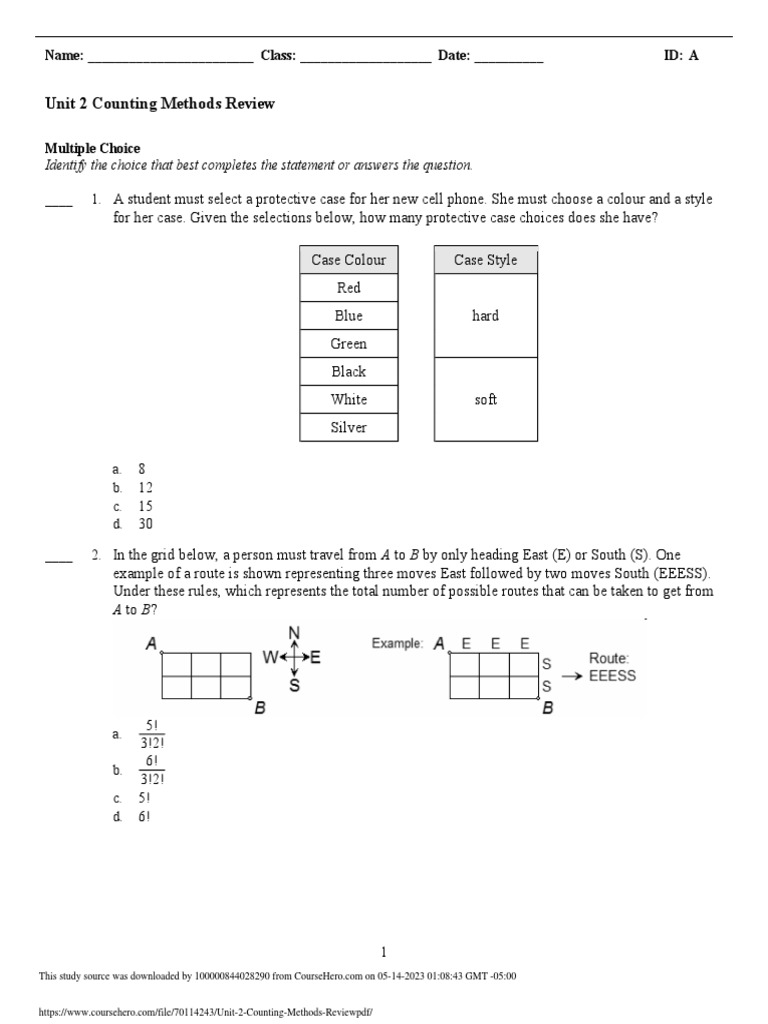 Unit 2 Counting Methods Review PDF PDF Linguistics