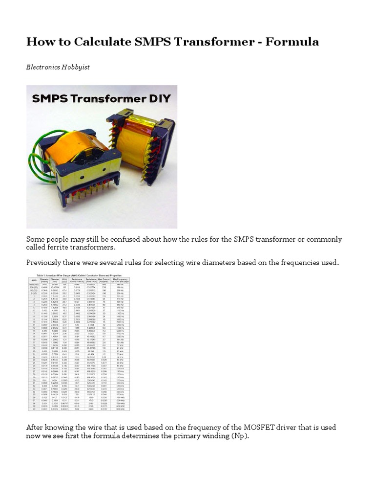 How To Calculate SMPS Transformer - Formula - Electronic Circuit | PDF ...