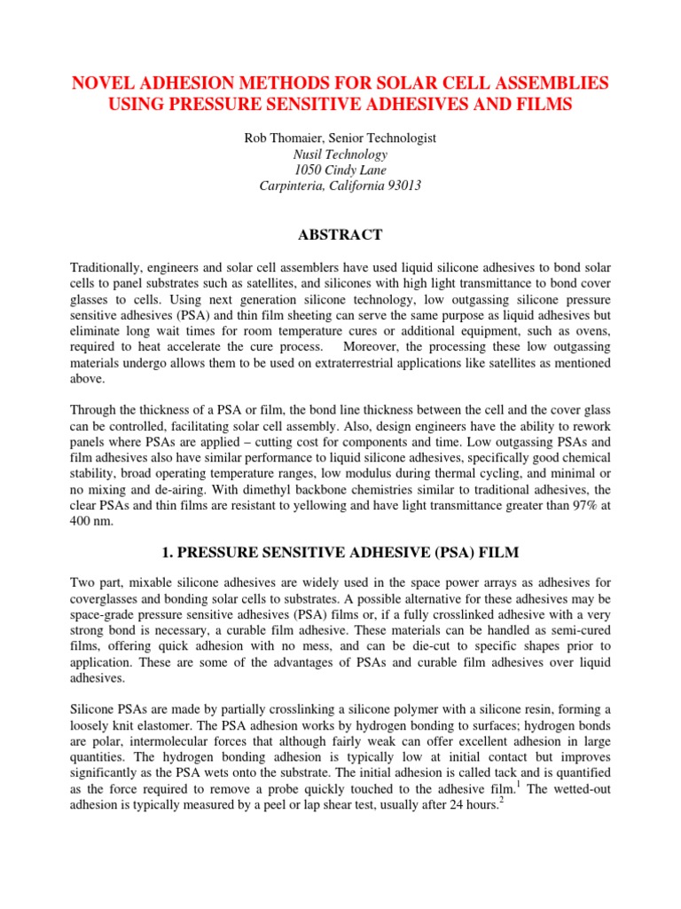Novel Adhesion Methods For Solar Cell Assemblies Using Pressure