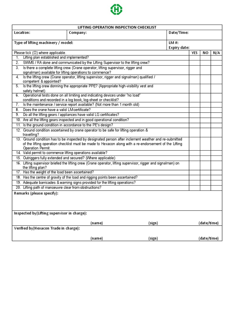 Lifting Operation Inspection Checklist | PDF | Crane (Machine)