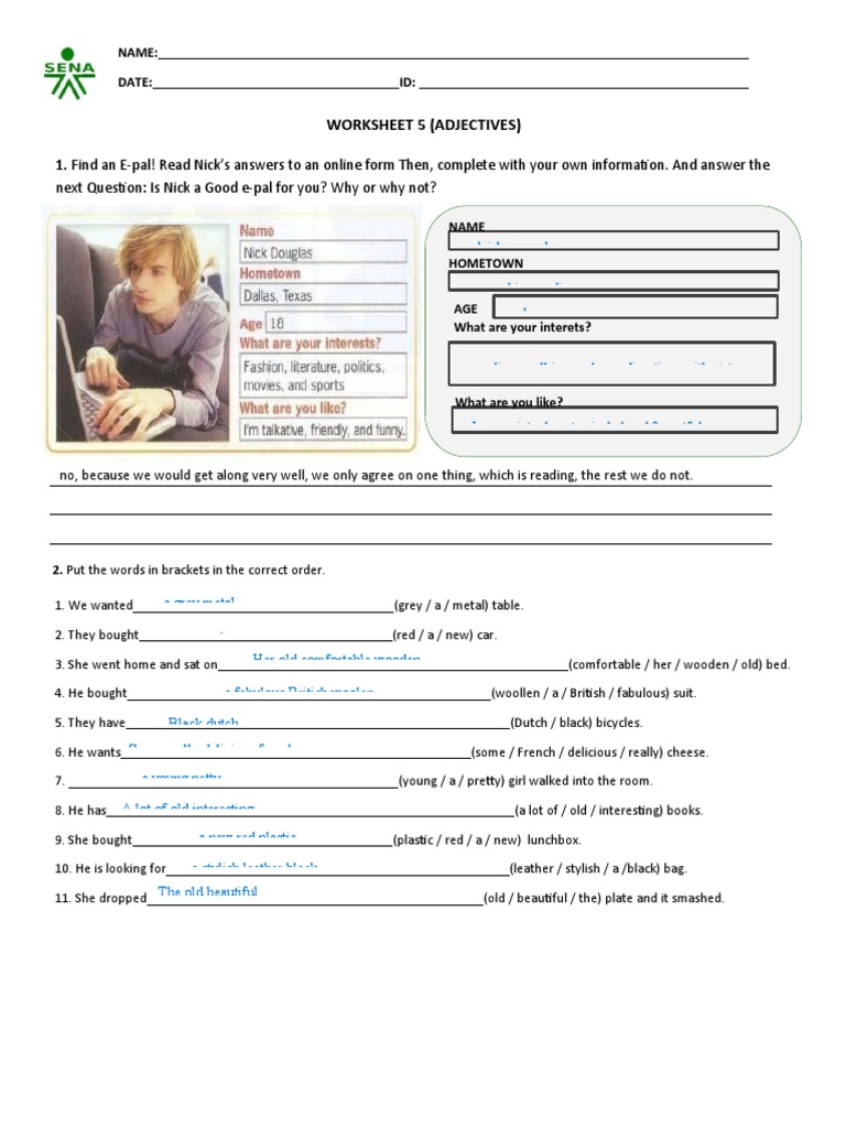 E-Pal Worksheet and Adjective Exercises | PDF | Adjective | Linguistic ...