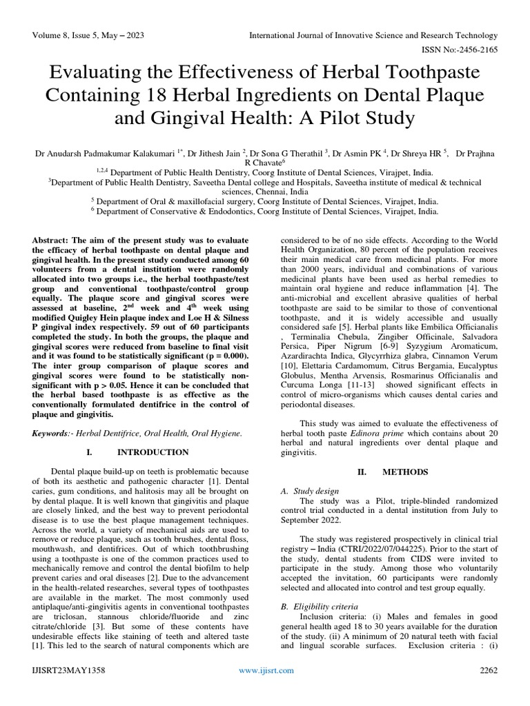 Evaluating The Effectiveness of Herbal Toothpaste Containing 18 Herbal