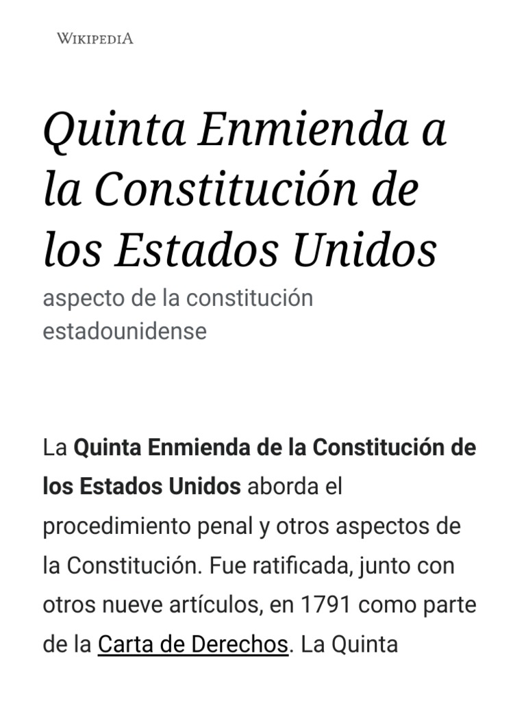 Quinta Enmienda A La Constitución de Los Estados Unidos Wikipedia, La