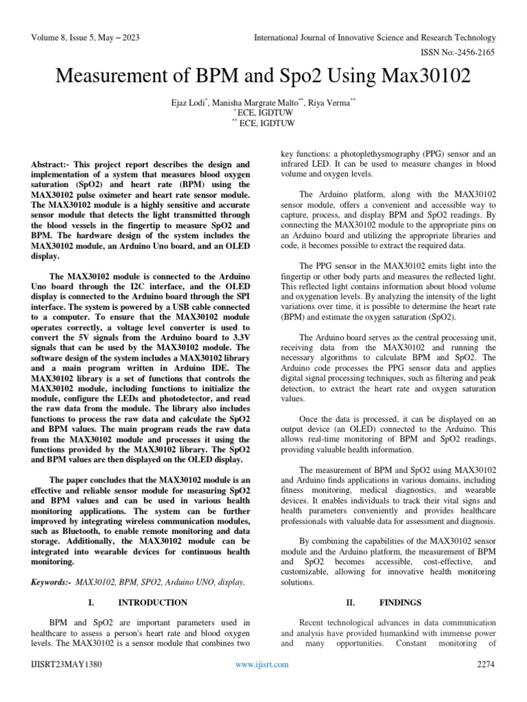 Measurement of BPM and Spo2 Using Max30102 PDF Monitoring (Medicine