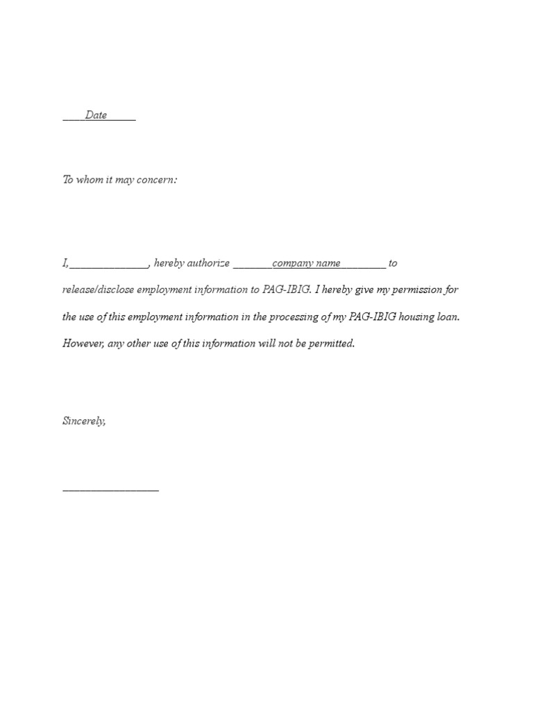 Authorization letter to disclose employment information to pag ibig pdf