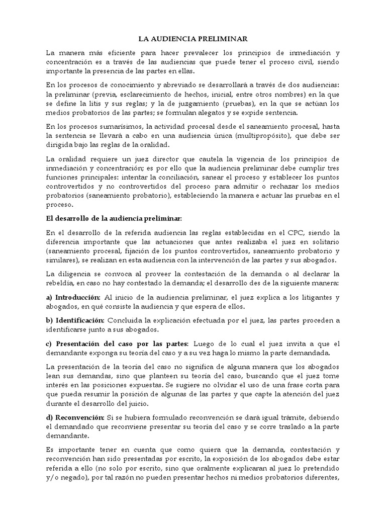 Funciones de la Audiencia Preliminar PDF Sentencia (ley) Ley procesal