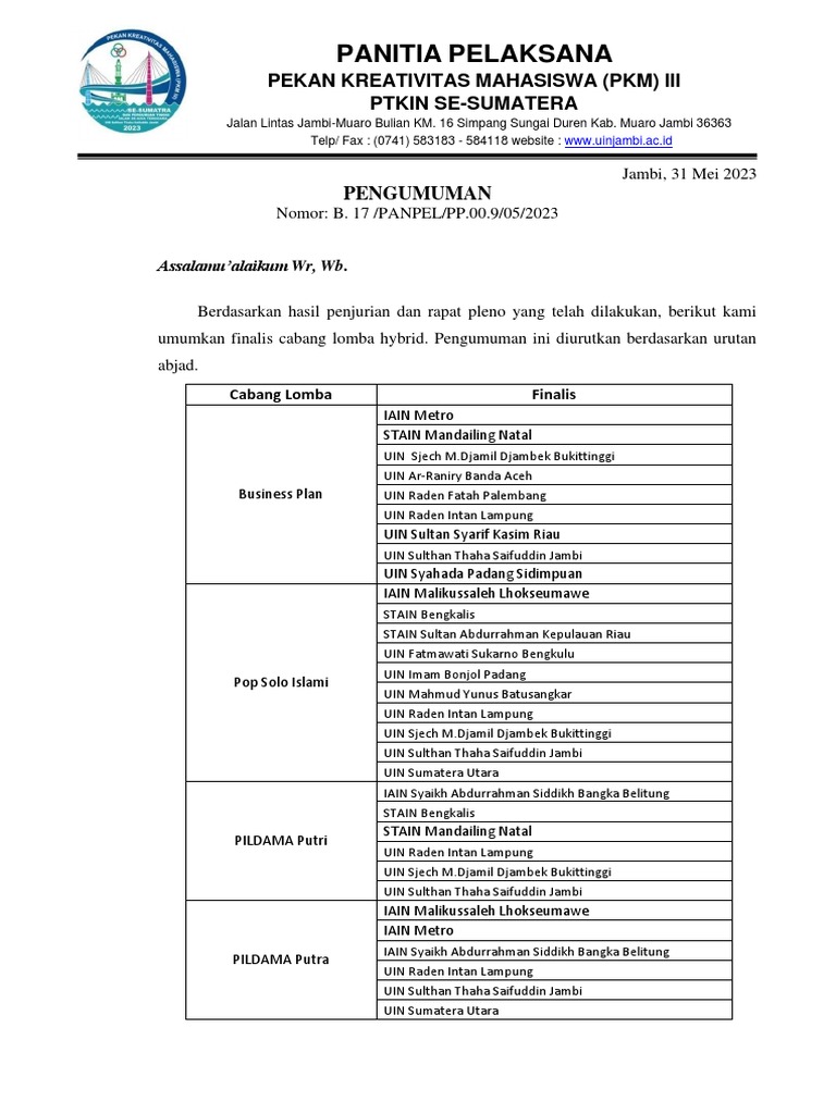 Pengumuman Finalis (31 Mei 2023) | PDF