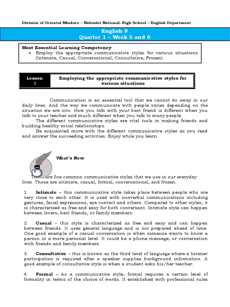 English 9 Quarter 1 Week 5 And 6 Pdf Communication Nonverbal
