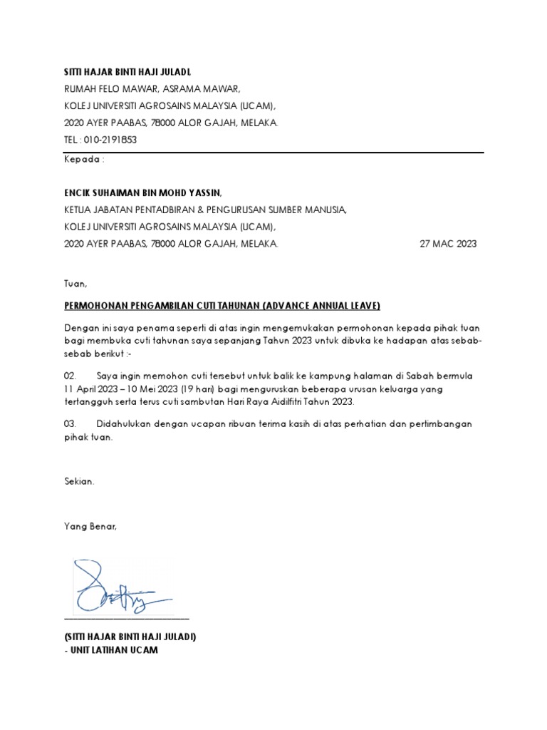 Surat Mohon Cuti Al 2023 Pdf Sains Matematika Teknologi Rekayasa