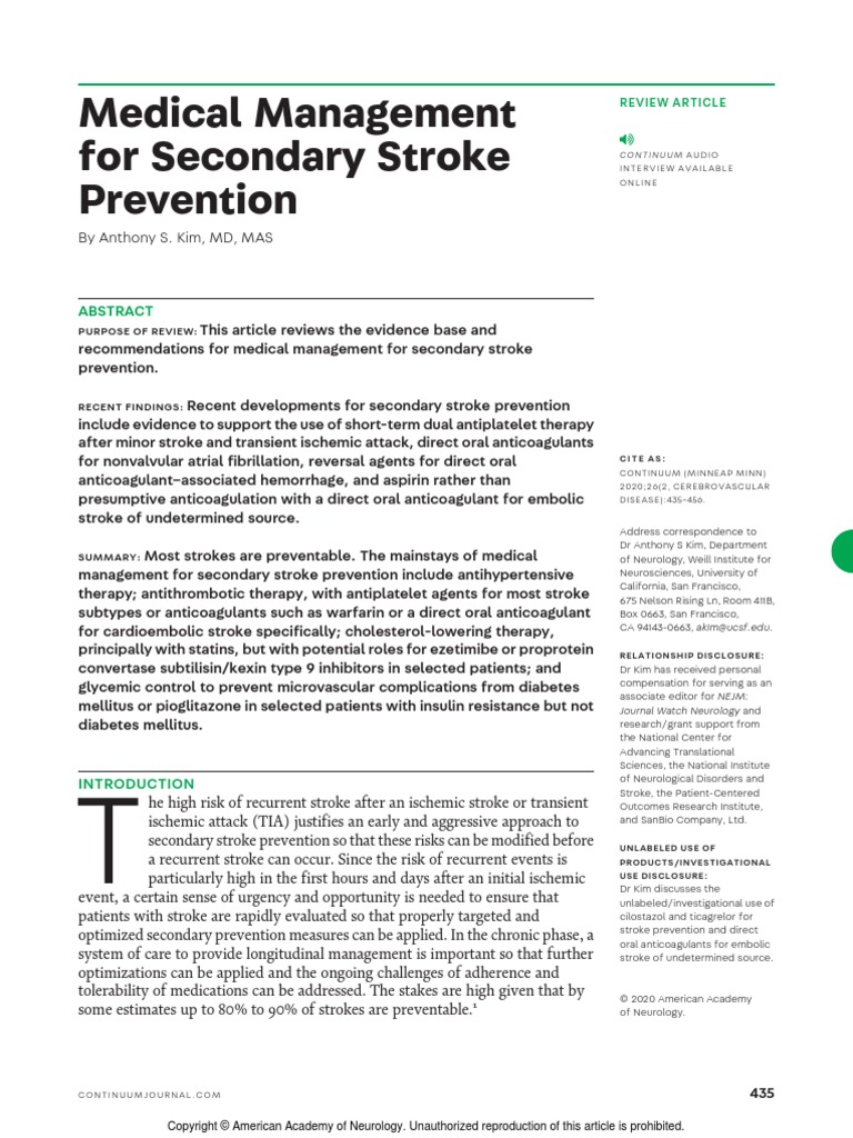 Medical Management For Secondary Stroke Prevention PDF Stroke Aspirin