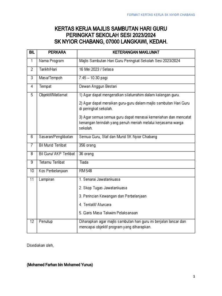 Format Kertas Kerja Majlis Sambutan Hari Guru 2023 | PDF