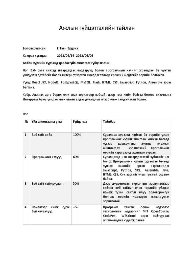 Ажлын гүйцэтгэлийн тайлан | PDF