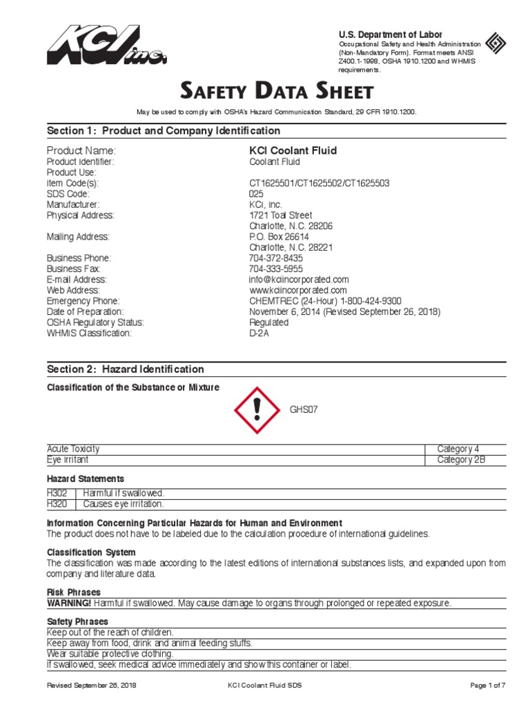 025 Coolant Fluid PDF Toxicity Dangerous Goods