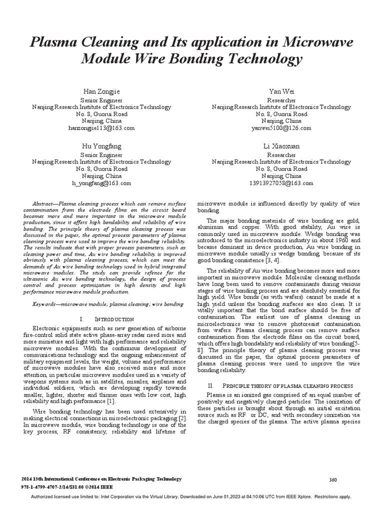 Plasma Cleaning and Its Application in Microwave Module Wire Bonding