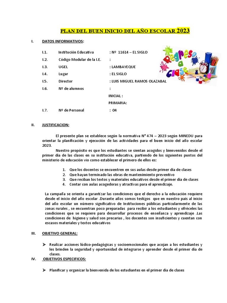 Plan de Buen Inicio Año Escolar 2023 | PDF | Enseñando