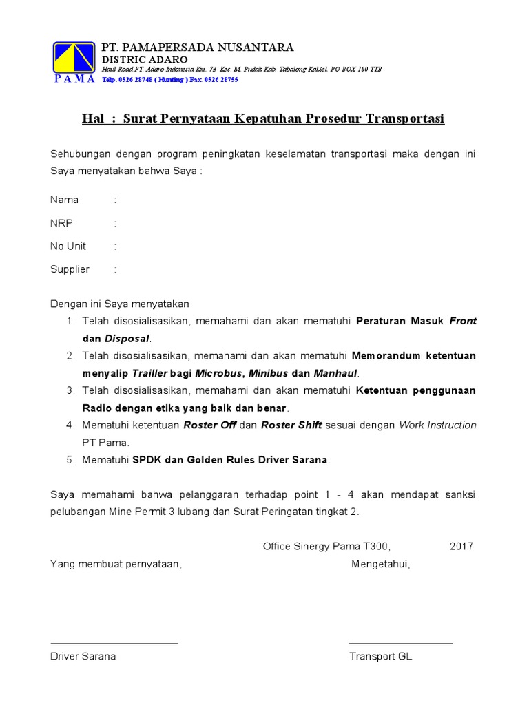 Surat Pernyataan RADIO, ROSTER, TRAILLER, MASUK FRONT | PDF