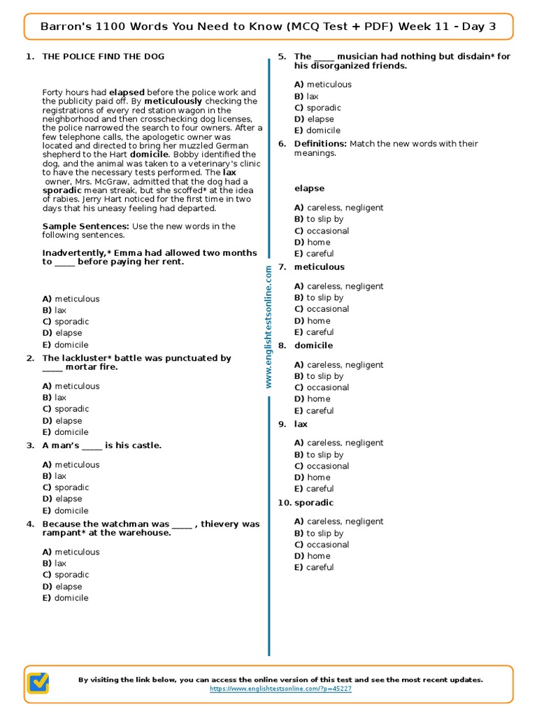2120 Barrons 1100 Words You Need To Know MCQ Test PDF Week 11 Day 3 | PDF
